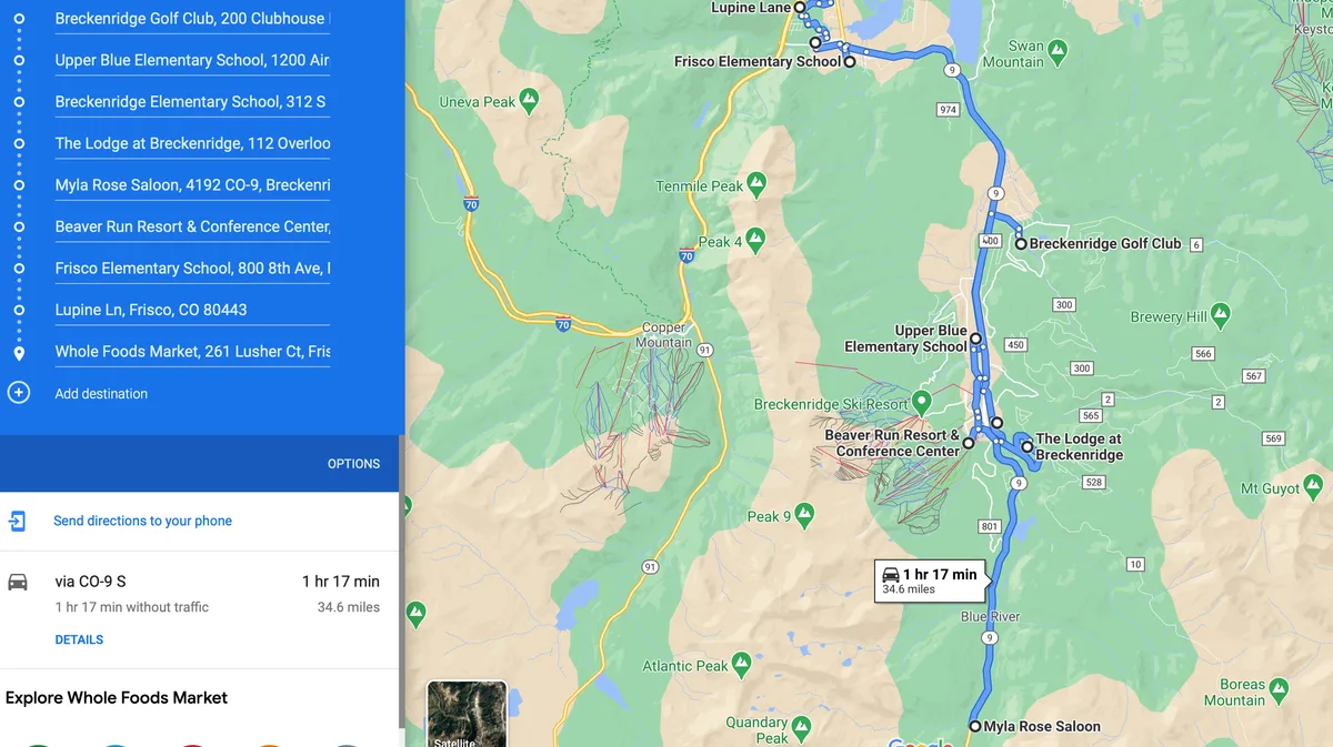 Driving Map from Frisco to Blue River colorado