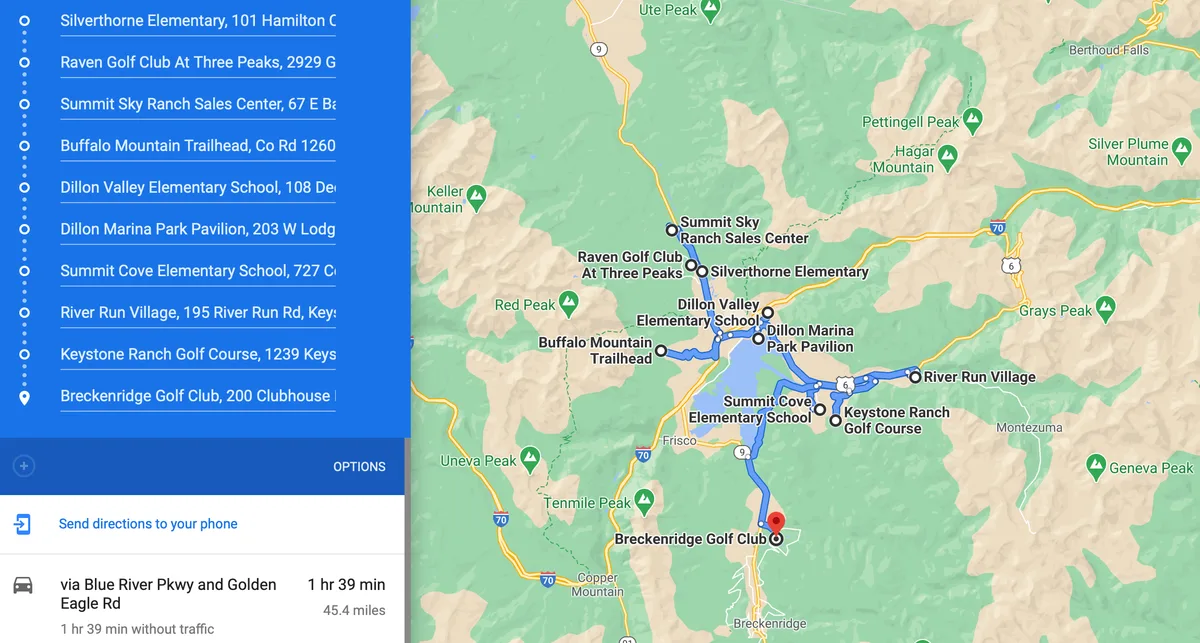 Map of Silverthorne to Breck Golf Course
