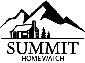Logo with a cabin, two pine trees, and mountains above the words Summit Home Watch in bold letters.