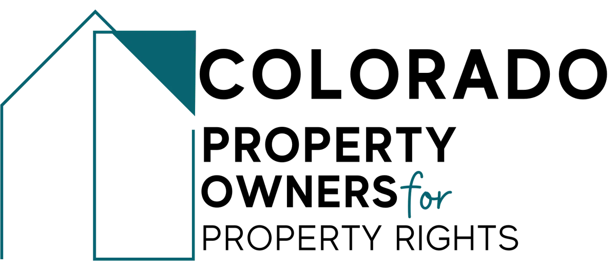 Logo with an outline of a house and text: Colorado Property Owners for Property Rights in bold and regular fonts.