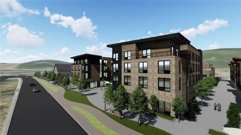 Rendering of modern, multi-story apartment buildings with large windows, surrounded by trees, next to a road with cars, under a blue sky with clouds, and distant hills in the background.